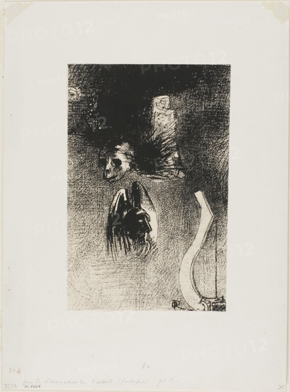 Frontispiece for Iwan Gilkin’s Damnation de l’artiste, 1889, Odilon Redon, French, 1840-1916, France, Lithograph in black on pinkish-cream China paper laid down on white wove paper, 190 × 124 mm (image/chine), 300 × 220 mm (sheet)