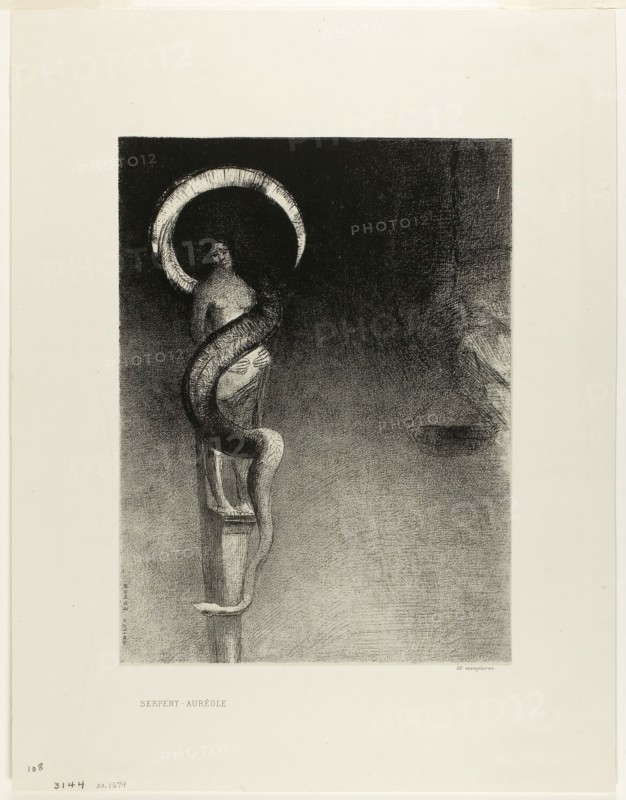 Serpent Halo, 1890, Odilon Redon, French, 1840-1916, France, Transfer lithograph on mounted ivory China paper, 304 × 227 mm