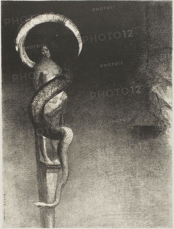 Serpent-Halo, 1890, Odilon Redon, French, 1840-1916, France, Lithograph in black on ivory China paper laid down on ivory wove paper, 302 × 222 mm (image/chine), 542 × 402 mm (sheet)