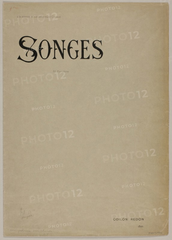Portfolio Cover for Songes (Dreams), 1891, Odilon Redon, French, 1840-1916, France, Bi-fold lithographed portfolio cover printed in black on gray-green wove paper, 461 × 326 mm