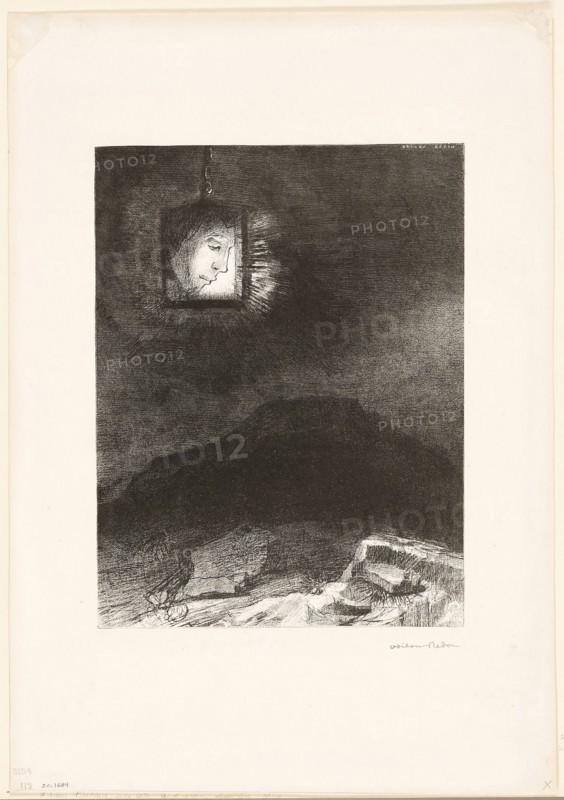 Precarious Glimmering, a Head Suspended from Infinity, plate 3 of 6, 1891, Odilon Redon, French, 1840-1916, France, Lithograph on white China paper laid down on ivory wove paper, 275 × 208 mm (image/chine), 443 × 310 mm (sheet)
