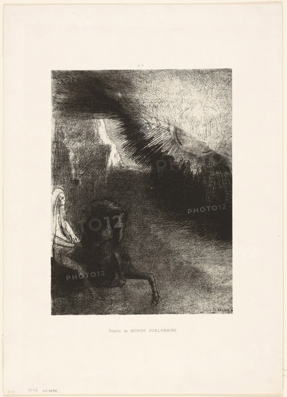 Pilgrim of the Sublunary World, plate 5 of 6, 1891, Odilon Redon, French, 1840-1916, France, Lithograph in black on ivory China paper laid down on ivory wove paper, 276 × 204 mm (image/chine), 436 × 312 mm (sheet)