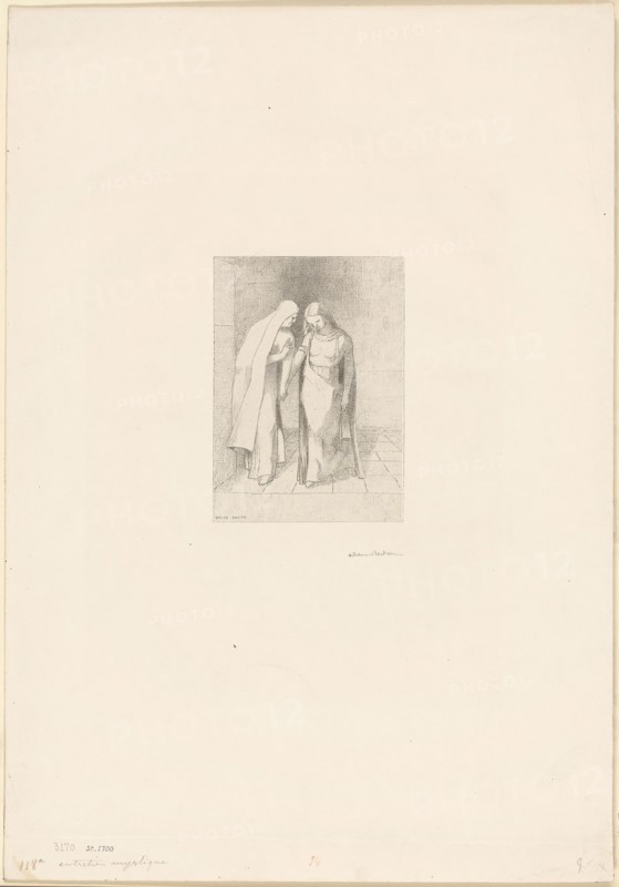 Mystical Conversation, 1892, Odilon Redon, French, 1840-1916, France, Lithograph in black on light gray chine on heavy ivory wove paper, 133 × 96 mm (image/chine), 441 × 306 mm (sheet)