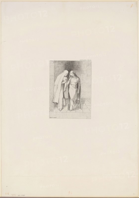 Mystical Conversation, 1892, Odilon Redon, French, 1840-1916, France, Lithograph in black on ivory China paper laid down on heavy ivory wove paper, 133 × 96 mm (image/chine), 449 × 315 mm (sheet)