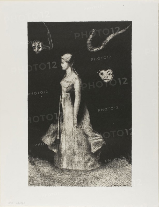 Obsession, 1894, Odilon Redon, French, 1840-1916, France, Lithograph in black on cream China paper laid down on ivory wove paper, 364 × 228 mm (image/chine), 452 × 347 mm (sheet)