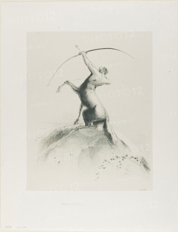 Centaur Aiming at the Clouds, 1895, Odilon Redon, French, 1840-1916, France, Lithograph printed in green on cream China paper laid down on ivory wove paper, 314 × 250 mm (chine), 452 × 350 mm (sheet)