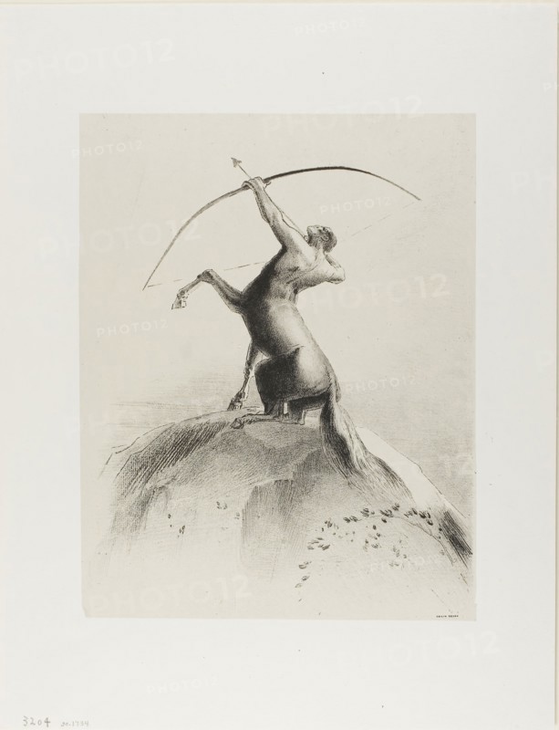 Centaur Aiming at the Clouds, 1895, Odilon Redon, French, 1840-1916, France, Lithograph in black ink on light gray China paper laid down on ivory China paper, 315 × 247 mm (chine), 454 × 347 mm (sheet)