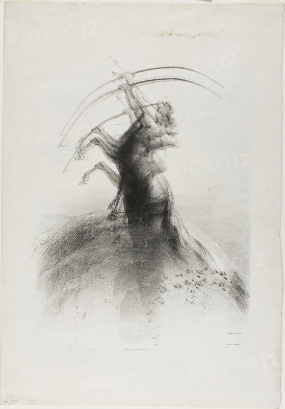 Centaur Taking Aim at the Clouds, 1895, Odilon Redon, French, 1840-1916, France, Lithograph in black on light gray wove paper, 208 × 236 mm (image), 428 × 300 mm (irregular sheet)