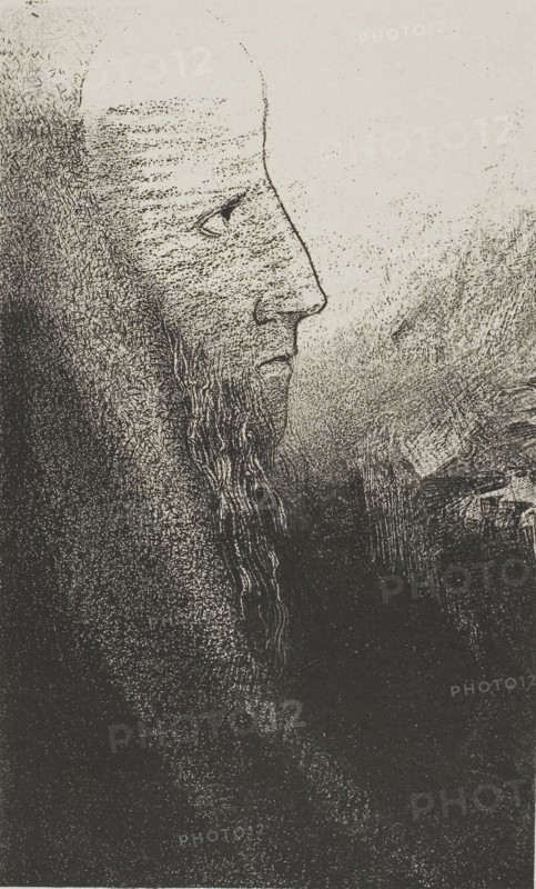 Saint Anthony: Help Me, O My God!, plate 2 of 24, 1896, Odilon Redon, French, 1840-1916, France, Lithograph in black on light gray China paper laid down on ivory wove paper, 217 × 132 mm (image/chine), 451 × 347 mm (sheet)