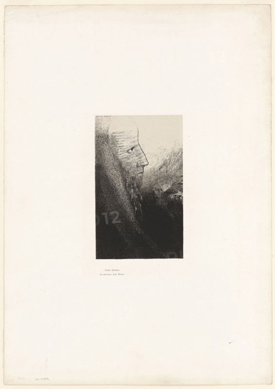 St. Anthony: Help me, O my God!, plate 2 of 24, 1896, Odilon Redon, French, 1840-1916, France, Lithograph in black on light gray China paper laid down on ivory wove paper, 216 × 132 mm (image/chine), 571 × 404 mm (sheet)