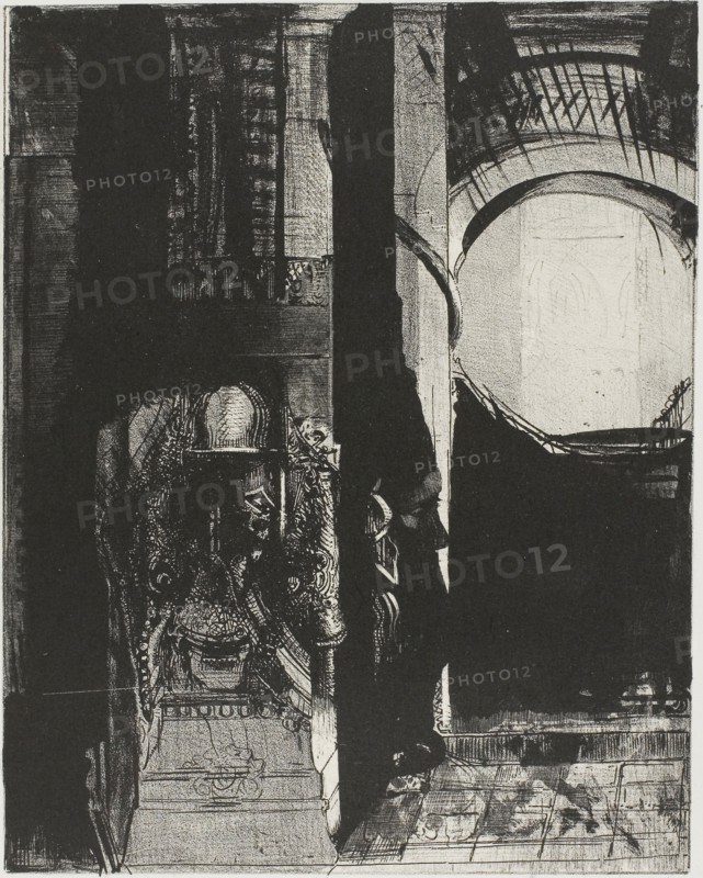 And On Every Side Are Columns of Basalt,…the Light Falls From the Vaulted Roof, plate 3 of 24, 1896, Odilon Redon, French, 1840-1916, France, Lithograph in black on ivory China paper laid down on ivory wove paper, 243 × 192 mm (image/chine, irregular), 527 × 347 mm (sheet)