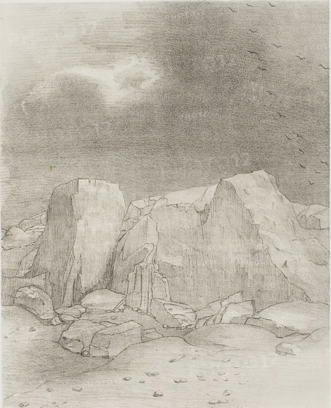 And He Discerns an Arid, Knoll-Covered Plain, plate 7 of 24, 1896, Odilon Redon, French, 1840-1916, France, Lithograph in black on light gray China paper laid down on ivory wove paper, 263 × 215 mm (image), 450 × 346 mm (sheet)
