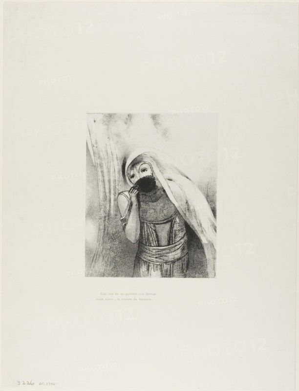 She Draws From Her Bosom a Sponge, Perfectly Black, and Covers it With Kisses, plate 8 of 24, 1896, Odilon Redon, French, 1840-1916, France, Lithograph in black on ivory China paper laid down on ivory wove paper, 194 × 155 mm (image/chine), 453 × 345 mm (sheet)