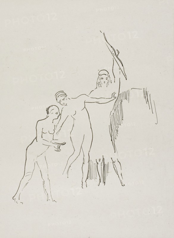 Immediately Three Goddesses Arise, plate 11 of 24, 1896, Odilon Redon, French, 1840-1916, France, Lithograph in black on cream China paper laid down on ivory wove paper, 170 × 133 mm (image), 226 × 167 mm (chine), 452 × 350 mm (sheet)