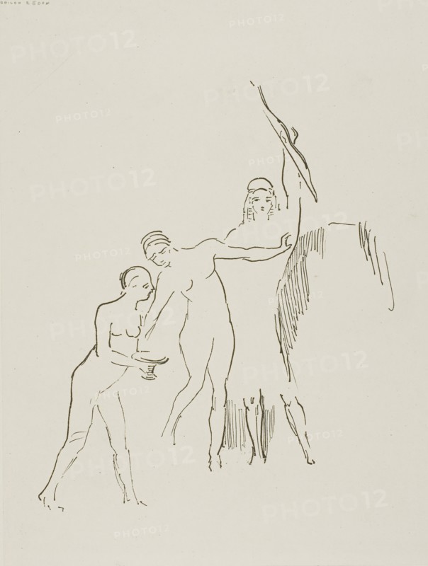 Immediately Three Goddesses Arise, plate 11 of 24, 1896, Odilon Redon, French, 1840-1916, France, Lithograph in black on ivory China paper laid down on ivory wove paper, 170 × 133 mm (image), 218 × 166 mm (chine), 452 × 347 mm (sheet)