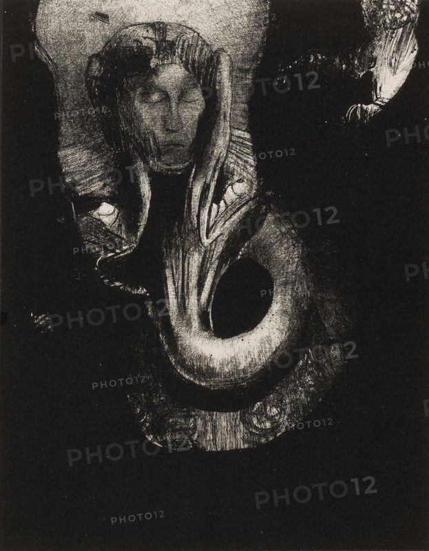 Oannes: I, the first consciousness in Chaos, rose from the abyss to harden matter, to determine forms, plate 14 from The Temptation of Saint Anthony (3rd series), 1896, Odilon Redon, French, 1840-1916, France, Lithograph in black on ivory China paper laid down on ivory wove paper, 278 × 217 mm (image, overlaps chine), 451 × 360 mm (sheet)