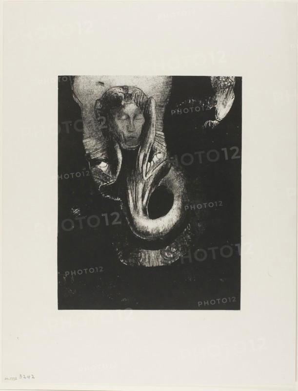 Oannes: I, the first consciousness in Chaos, rose from the abyss to harden matter, to determine forms, plate 14 from The Temptation of Saint Anthony (3rd series), 1896, Odilon Redon, French, 1840-1916, France, Lithograph in black on ivory China paper laid down on ivory wove paper, 278 × 217 mm (image), 279 × 218 mm (chine), 452 × 349 mm (sheet)