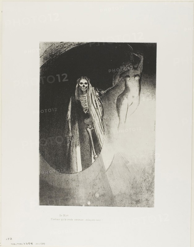 Death: It is I who make you serious, let us embrace each other, plate 20 of 24, 1896, Odilon Redon, French, 1840-1916, France, Lithograph in black on cream China paper laid down on ivory wove paper, 234 × 214 mm (image/chine), 452 × 350 mm (sheet)