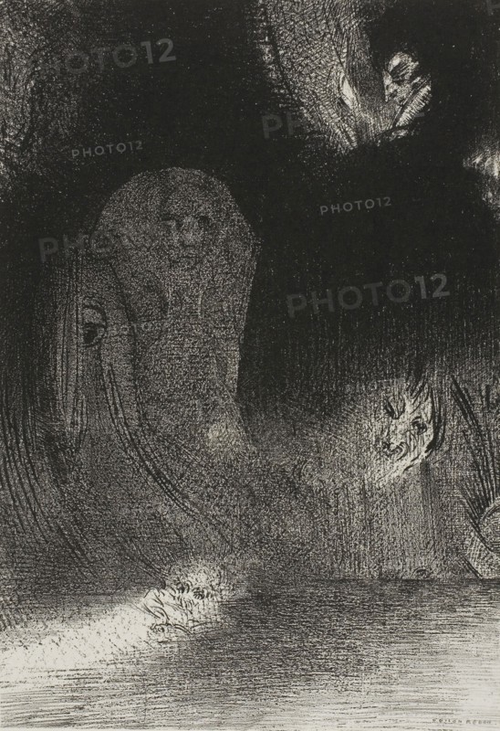 I Have Sometimes Seen in the Sky What Seemed to Be Like Forms of Spirits, plate 21 of 24, 1896, Odilon Redon, French, 1840-1916, France, Lithograph in black on ivory China paper laid down on ivory wove paper, 265 × 184 mm (image/chine), 453 × 349 mm (sheet)