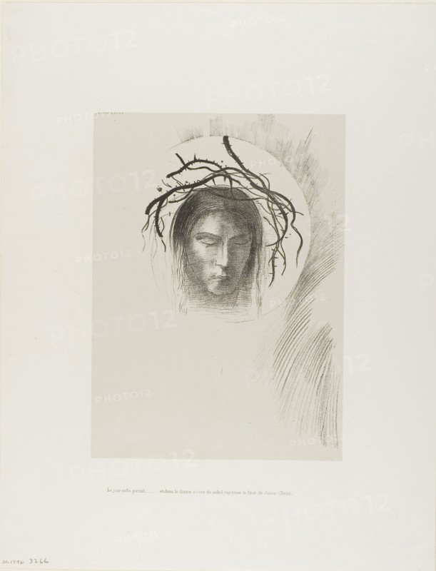 Day Appears at Last,…and in the Very Disk of the Sun Shines the Face of Jesus Christ, plate 24 of 24, 1896, Odilon Redon, French, 1840-1916, France, Lithograph in black on light gray China paper laid down on ivory wove paper, 268 × 161 mm (image), 277 × 200 mm (chine), 453 × 348 mm (sheet)