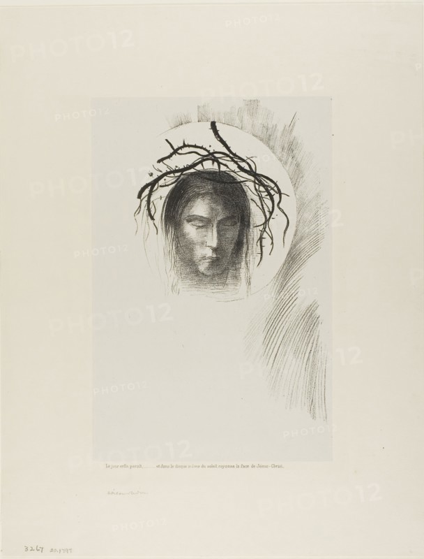 Day Appears at Last,…and in the Very Disk of the Sun Shines the Face of Jesus Christ, plate 24 of 24, 1896, Odilon Redon, French, 1840-1916, France, Lithograph in black on off-white China paper laid down on cream wove paper, 265 × 162 mm (image), 299 × 199 mm (chine), 454 × 350 mm (sheet)