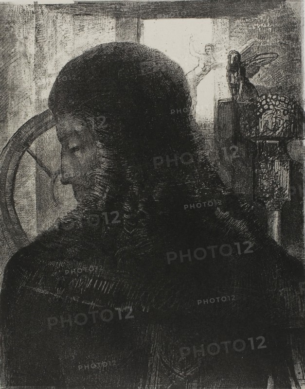 Old Knight, 1896, Odilon Redon, French, 1840-1916, France, Lithograph in black on cream China paper laid down on ivory wove paper, 296 × 235 mm (image/chine), 532 × 349 mm (sheet)