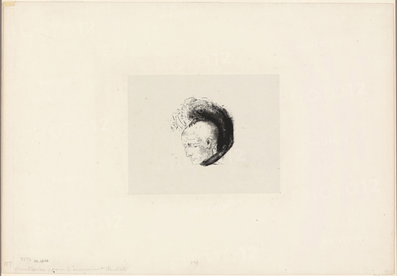 Frontispiece for Le mouvement idéaliste en peinture (The Idealist Movement in Painting) by André Mellerio, 1896, Odilon Redon, French, 1840-1916, France, Lithograph in black on off-white China paper laid down on cream wove paper, 80 × 87 mm (image), 138 × 175 mm (chine), 314 × 452 mm (sheet)