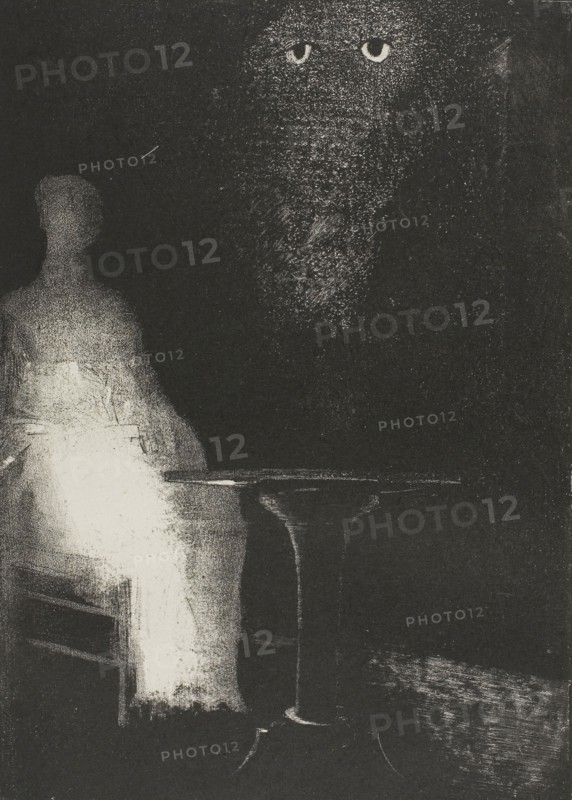 I Continued to Gaze on the Chair, and Fancied I saw on It a Pale Blue Misty Outline of a Human Figure, plate 1 of 6, 1896, Odilon Redon, French, 1840-1916, France, Lithograph in black on ivory China paper laid down on ivory wove paper, 252 × 180 mm (image/chine), 449 × 311 mm (sheet)