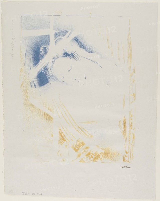The Shulamite, 1897, Odilon Redon, French, 1840-1916, France, Lithograph printed in blue and yellow-orange on heavy light gray chine, 241 × 193 mm (image), 258 × 324 mm (sheet)