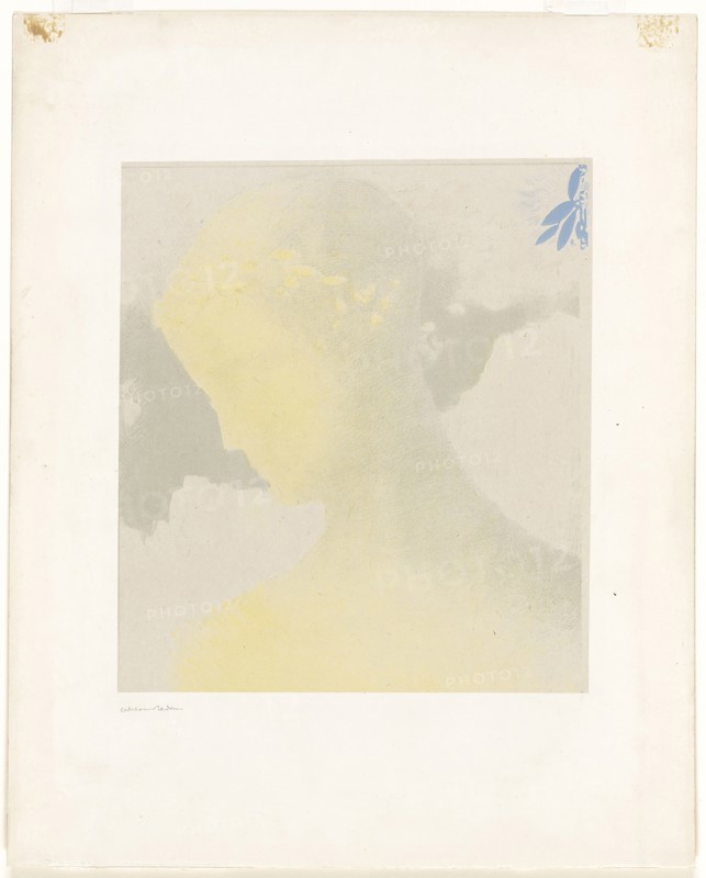 Beatrice, 1897, Odilon Redon, French, 1840-1916, France, Lithograph in yellow, blue, and green on light gray China paper laid down on cream wove paper, 334 × 296 mm (image/chine), 567 × 430 mm (sheet)
