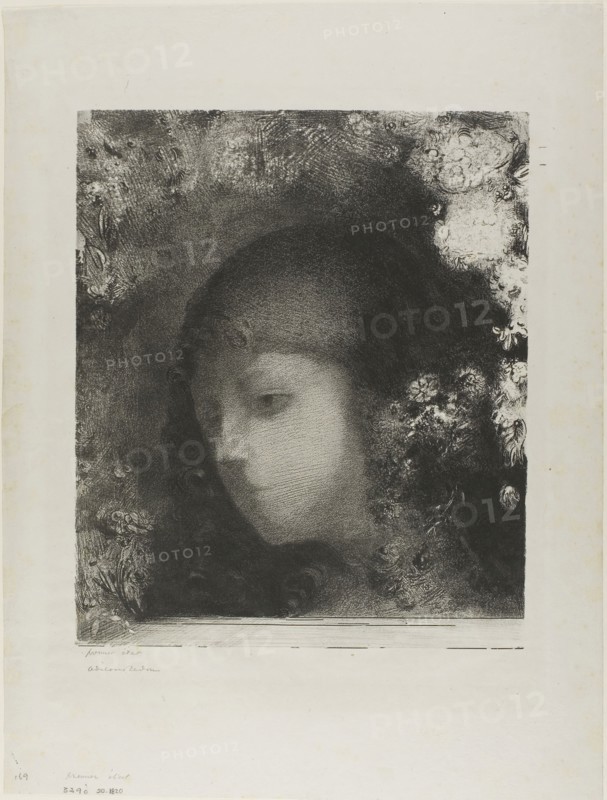 Child’s Head With Flowers, 1897, Odilon Redon, French, 1840-1916, France, Lithograph in black on light gray loose chine, 290 × 246 mm (image), 429 × 326 mm (sheet)