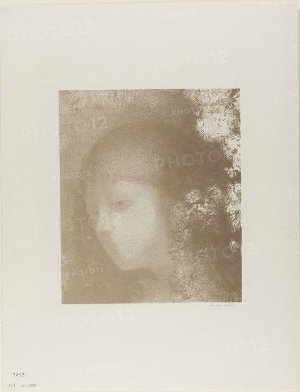 Child’s Head With Flowers, 1897, Odilon Redon, French, 1840-1916, France, Lithograph in brown on ivory China paper laid down on ivory wove paper, 249 × 211 mm (image/chine), 451 × 349 mm (sheet)