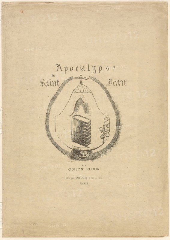 Cover/frontispiece for l’Apocalypse de Saint-Jean, 1899, Odilon Redon, French, 1840-1916, France, Bi-fold portfolio cover with lithographed text and image, in black on buff wove paper, 628 × 445 mm