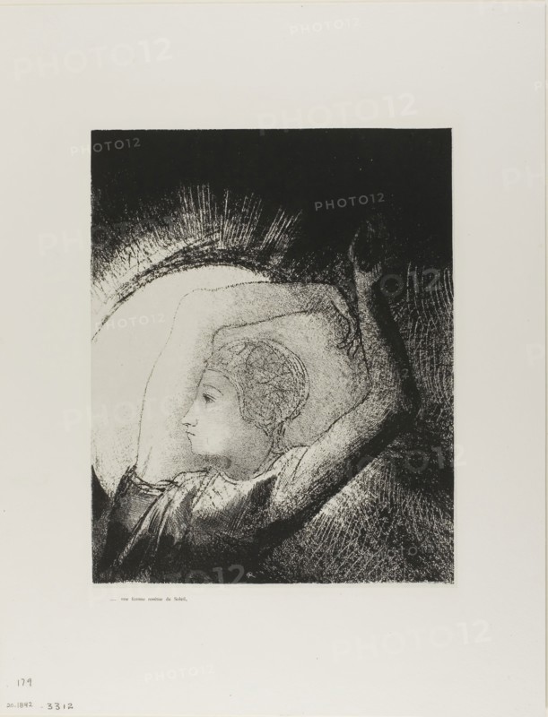 A Woman Clothed With the Sun, plate 6 of 12, 1899, Odilon Redon, French, 1840-1916, France, Lithograph in black on cream China paper laid down on ivory wove paper, 288 × 230 mm (image), 292 × 232 mm (chine), 452 × 347 mm (sheet)