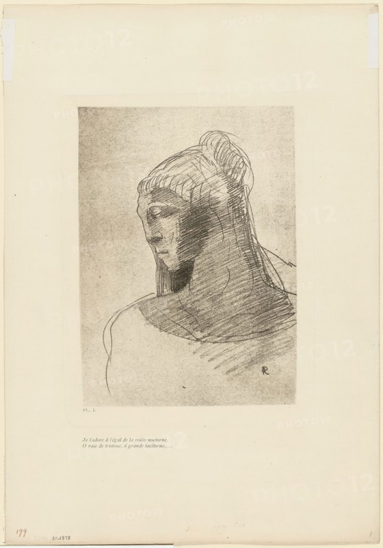 I Adore You as I Adore the Vault of the Night Sky, O Vessel of Sadness, O Tall Silent Woman, plate 2 of 9, 1890, Odilon Redon, French, 1840-1916, France, Photogravure made from an original drawing, in black on ivory wove paper, 280 × 209 mm (plate), 451 × 314 mm (sheet)