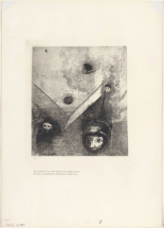 On the Backdrop of Our Nights God with His Knowing Finger Traces a Multiform Implacable Nightmare, plate 6 of 9, 1890, Odilon Redon, French, 1840-1916, France, Photogravure made from an original drawing, in black on ivory wove paper, 241 × 214 mm (plate), 439 × 312 mm (sheet)