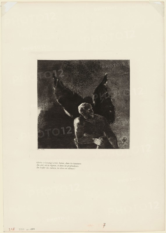 Glory and Praise to You, Satan, in the Heights of Heaven, Where You Reigned, and in the Depths of Hell, Where, Vanquished, You Dream in Silence!, plate 8 of 9, 1890, Odilon Redon, French, 1840-1916, France, Photogravure made from an original drawing, in black on ivory wove paper, 210 × 211 mm (plate), 447 × 314 mm (sheet)