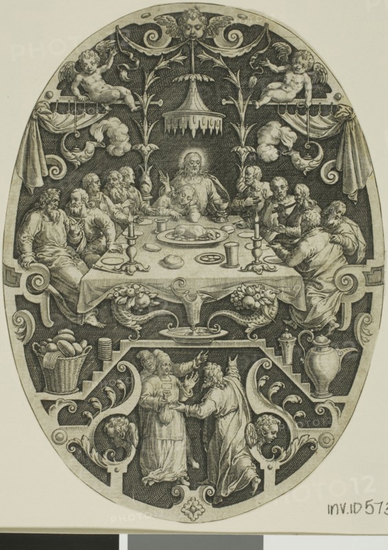 Last Supper, from Passion of Christ, 1575/1600, Jan Sadeler, the Elder (Flemish, 1550-1600), after Marcus Gheeraerts, the Elder (Flemish, c. 1520-c. 1590), Flanders, Engraving in black on ivory laid paper, 152 × 111 mm (plate, oval cropped to image)