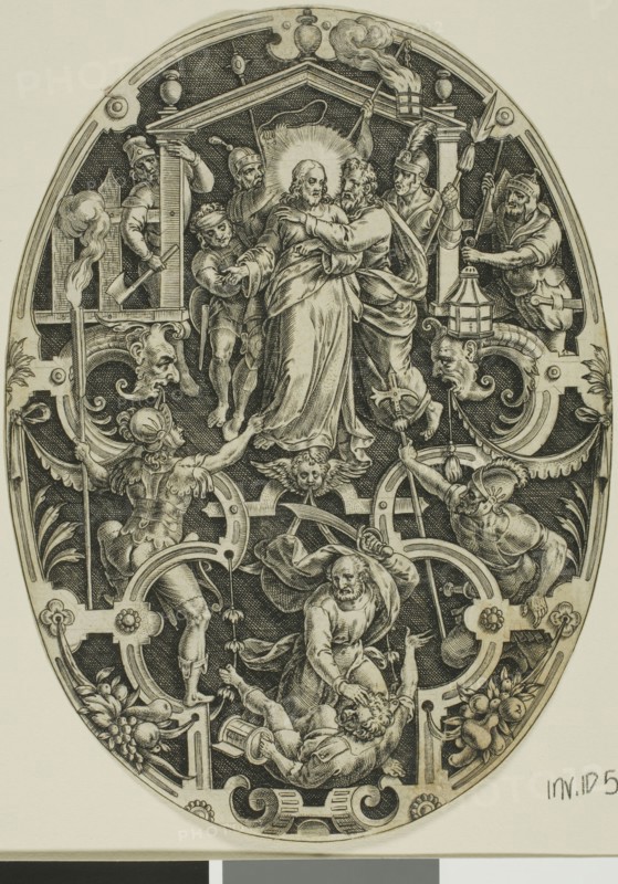 Betrayal of Christ, from Passion of Christ, 1575/1600, Jan Sadeler, the Elder (Flemish, 1550-1600), after Marcus Gheeraerts, the Elder (Flemish, c. 1520-c. 1590), Flanders, Engraving in black on ivory laid paper, 154 × 110 mm (plate, oval cropped to image)