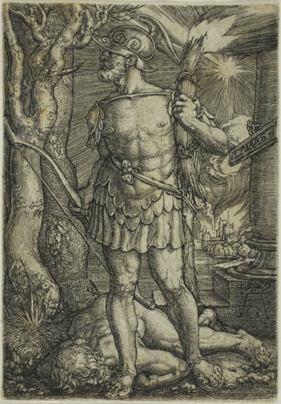 Mars, 1529, Heinrich Aldegrever, German, 1502-c.1560, Germany, Engraving in black on ivory laid paper, 81 x 57 mm (image/plate/plate)