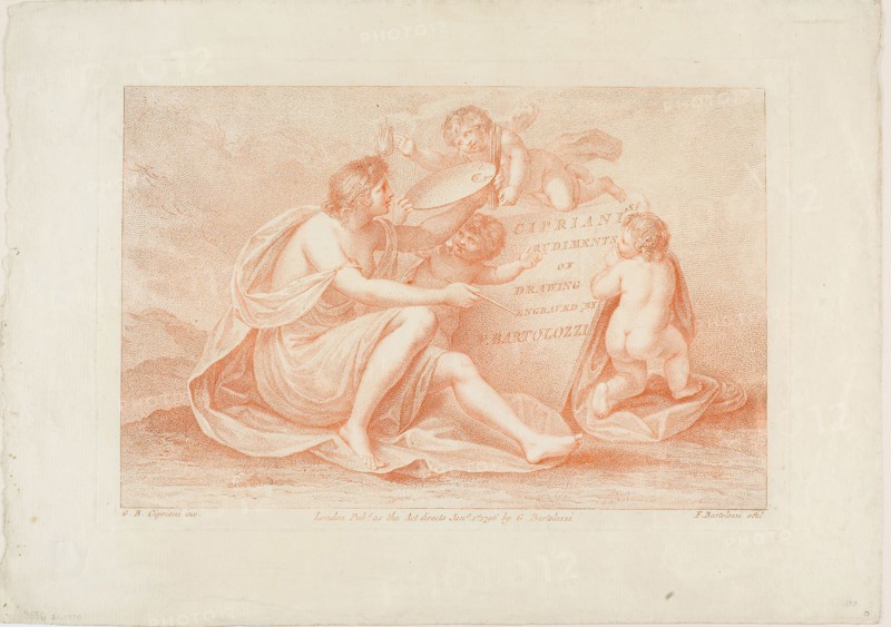Frontispiece from Cipriani’s Rudiments of Drawing, 1792, Francesco Bartolozzi, Italian, 1727-1815, Italy, Color engraving and stipple engraving, on paper, 202 x 298 mm (plate), 271 x 382 mm (sheet)