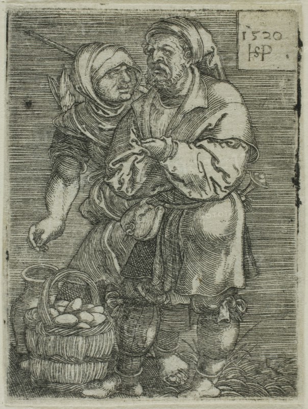 Peasant Couple Selling Eggs, 1520, Sebald Beham, German, 1500-1550, Germany, Etching in black on ivory laid paper, 53 x 39 mm (image/plate), 54 x 41 mm (sheet)