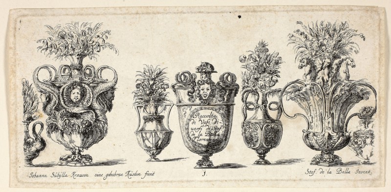 Plate One from Raccolta di Vasi diversi di Stef. de la Bella Fiorentino, 1646, Johanna Sibylla Kusell (Kuslin Kraus) (German, active 1650-1717), after Stefano della Bella (Italian, 1610-1664), Germany, Etching on paper, 105 x 215 mm (sheet)
