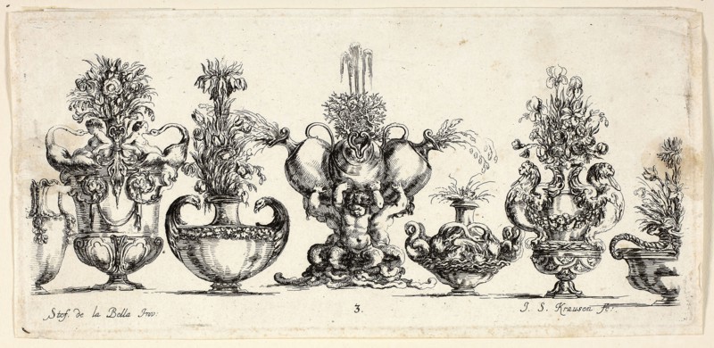 Plate Three from Raccolta di Vasi diversi di Stef. de la Bella Fiorentino, 1646, Johanna Sibylla Kusell (Kuslin Kraus) (German, active 1650-1717), after Stefano della Bella (Italian, 1610-1664), Germany, Etching on paper, 100 x 215 mm (sheet)