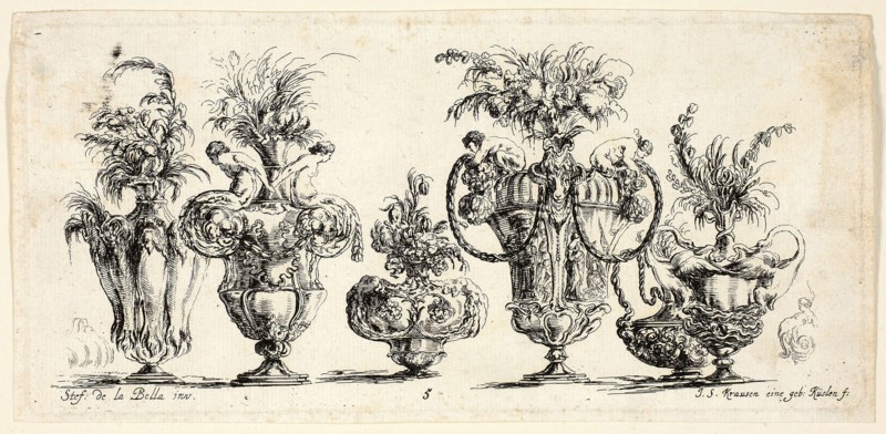 Plate Five from Raccolta di Vasi diversi di Stef. de la Bella Fiorentino, 1646, Johanna Sibylla Kusell (Kuslin Kraus) (German, active 1650-1717), after Stefano della Bella (Italian, 1610-1664), Germany, Etching on paper, 100 x 215 mm (sheet)