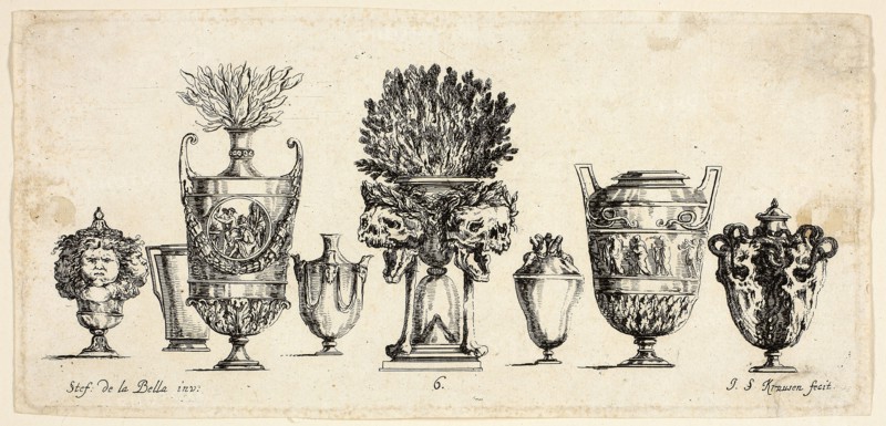 Plate Six from Raccolta di Vasi diversi di Stef. de la Bella Fiorentino, 1646, Johanna Sibylla Kusell (Kuslin Kraus) (German, active 1650-1717), after Stefano della Bella (Italian, 1610-1664), Germany, Etching on paper, 100 x 215 mm (sheet)