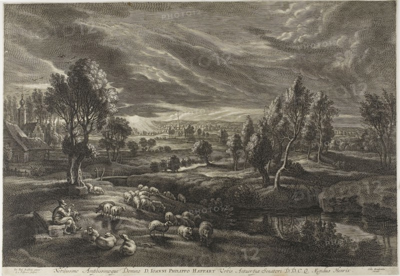 Landscape with Sheep, from The Small Landscapes, c. 1638, Schelte Adamsz. Bolswert (Dutch, active in Flanders, c. 1586–1659), after Peter Paul Rubens (Flemish, c. 1577-1640), Flanders, Engraving on ivory laid paper, 305 × 455 mm (image), 318 × 458 mm (sheet)