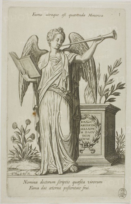 Fame, plate 1 from Parnassus Biceps, 1601, Johann Theodor de Bry (German, 1561-1623), after Jean-Jacques Boissard (French, 1533-1598), Frankfurt an der Oder, Engraving in black on ivory laid paper, 225 × 161 mm (image), 257 × 161 mm (plate), 272 × 175 mm (sheet)