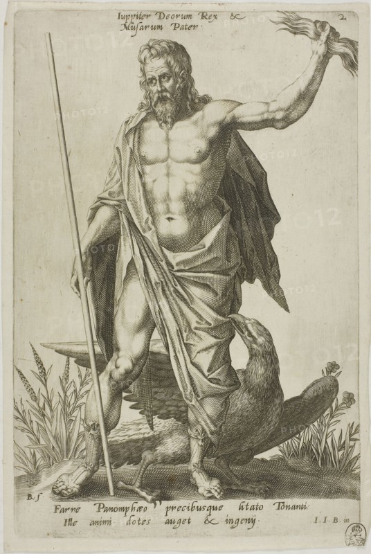 Jupiter, plate 2 from Parnassus Biceps, 1601, Robert Boissard (French, c. 1570–after 1597), after Jean-Jacques Boissard (French, 1533-1598), Frankfurt an der Oder, Engraving in black on ivory laid paper, 253 × 178 mm (image), 272 × 178 mm (plate), 282 × 190 mm (sheet)