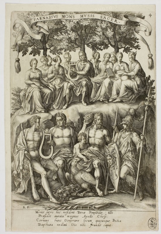 Parnassus, plate 4 from Parnassus Biceps, 1601, Robert Boissard (French, c. 1570–after 1597), after Jean-Jacques Boissard (French, 1533-1598), Frankfurt an der Oder, Engraving in black on ivory laid paper, 246 × 180 mm (image), 271 × 180 mm (plate), 280 × 187 mm (sheet)
